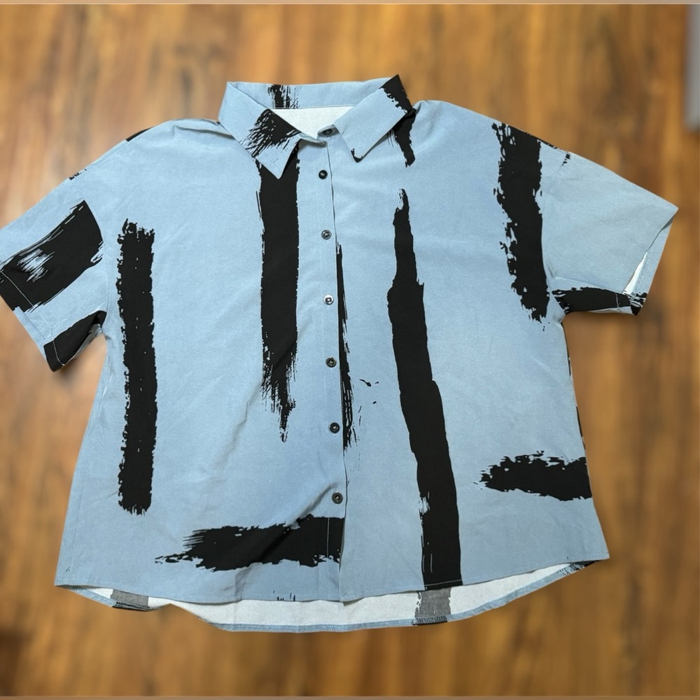 Shein Curve Blue Abstract Button Down Shirt – 1XL